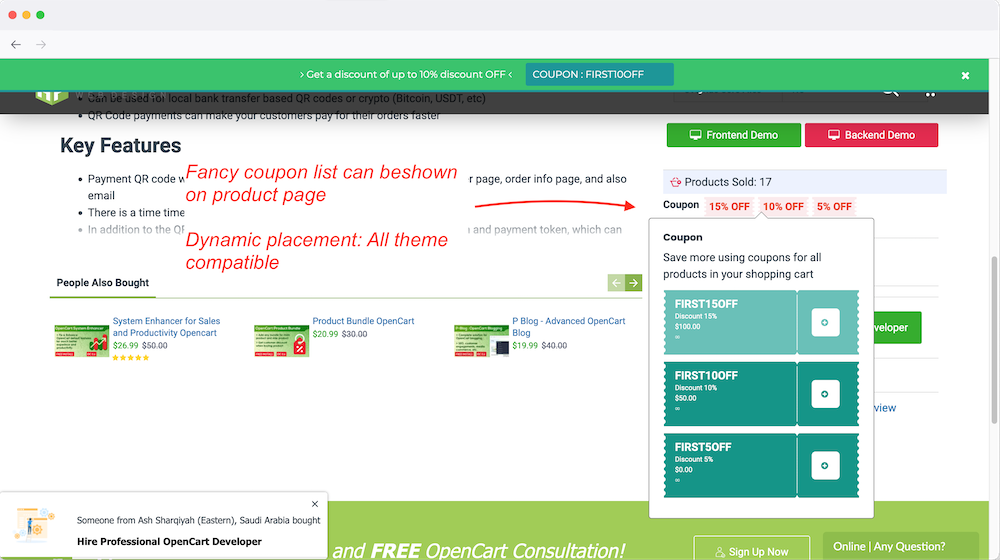 show coupon list on product page opencart